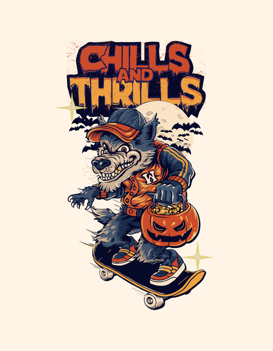 "Chills and Thrills Halloween Skate Tee printed tshirt